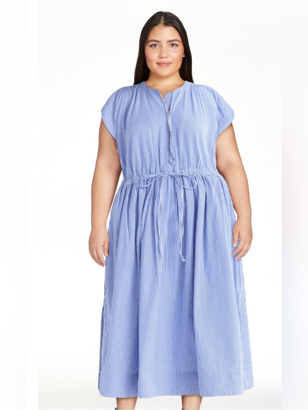 Free Assembly Blue Stripe Drawstring Waist Midi Dress